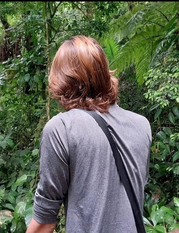 Rafael Medeiros de costas, em trilha de mata atlântica cercado por samambaias e vegetação densa.